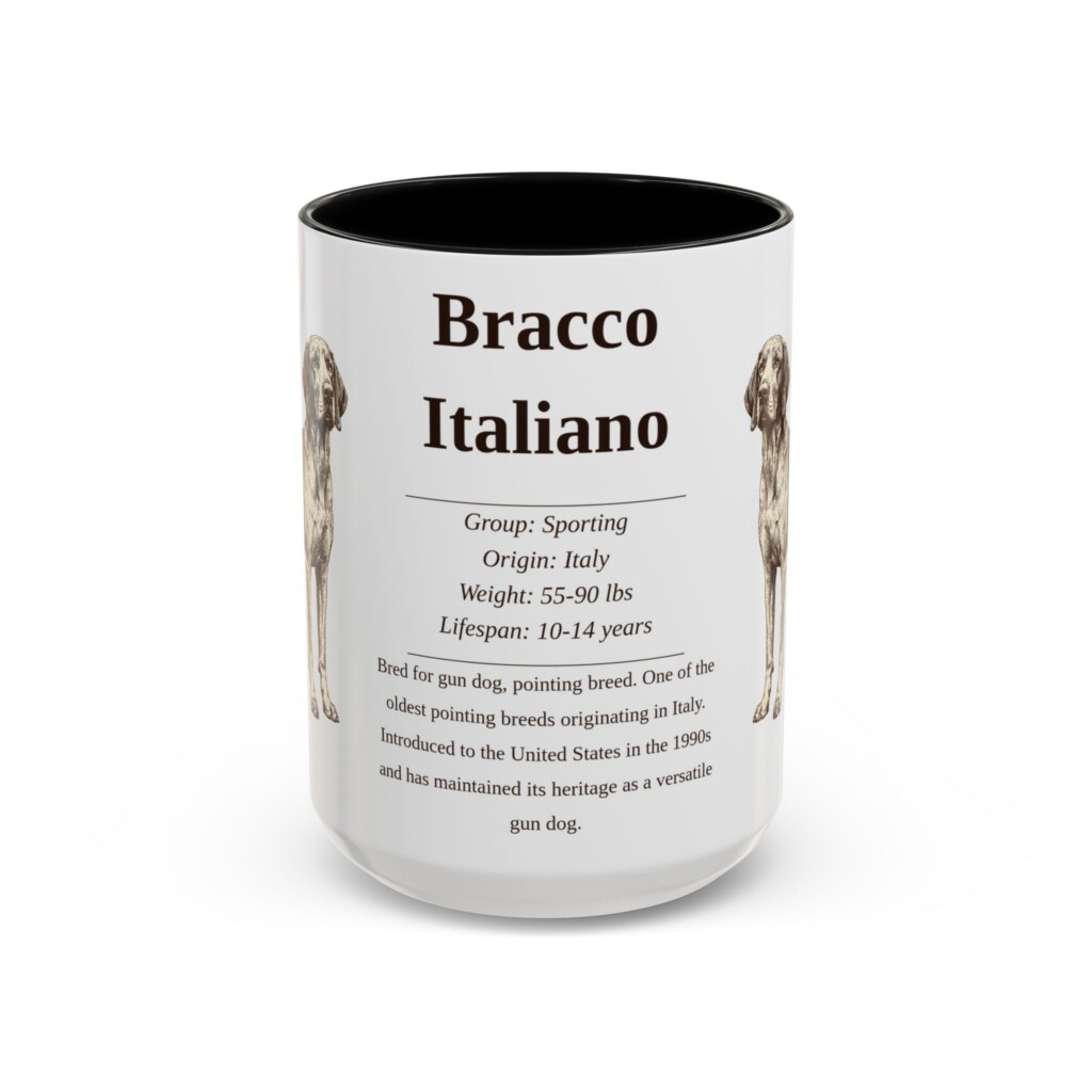 15oz Bracco Italiano Mug, Illustrated Dog Breed Facts Coffee Mug, Vintage Dog Keepsake Gift