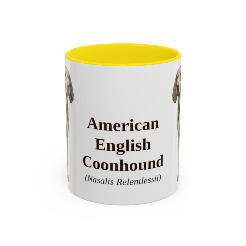 11oz American English Coonhound Latin Mug, Yellow, front view