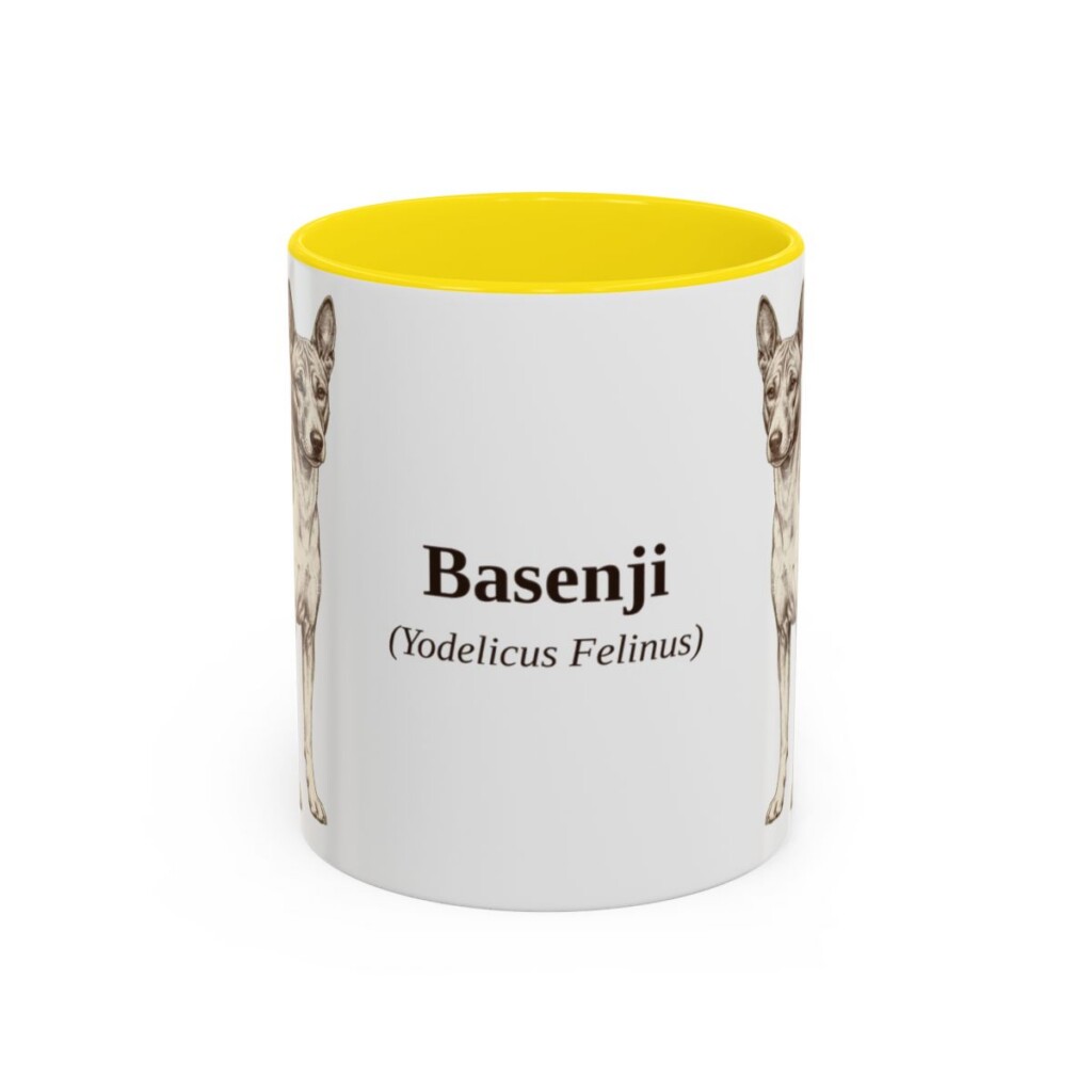 11oz Basenji Latin Mug, Yellow, front view
