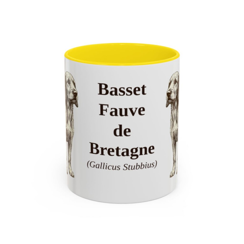11oz Basset Fauve de Bretagne Latin Mug, Yellow, front view