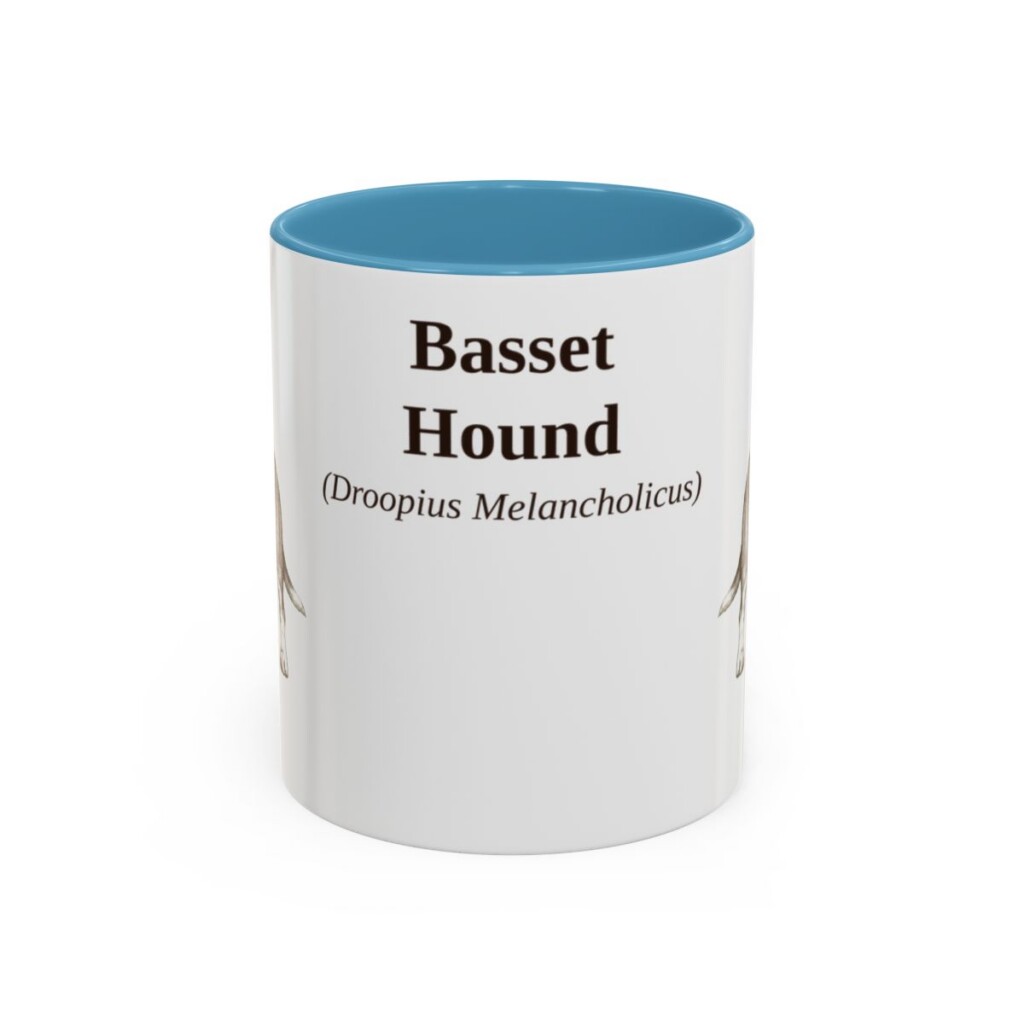 11oz Basset Hound Latin Mug, Light Blue, front view