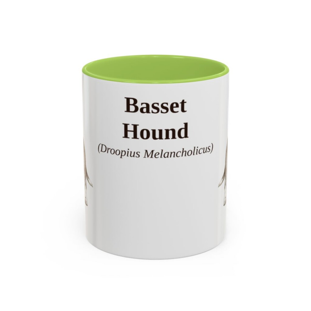 11oz Basset Hound Latin Mug, Light Green, front view