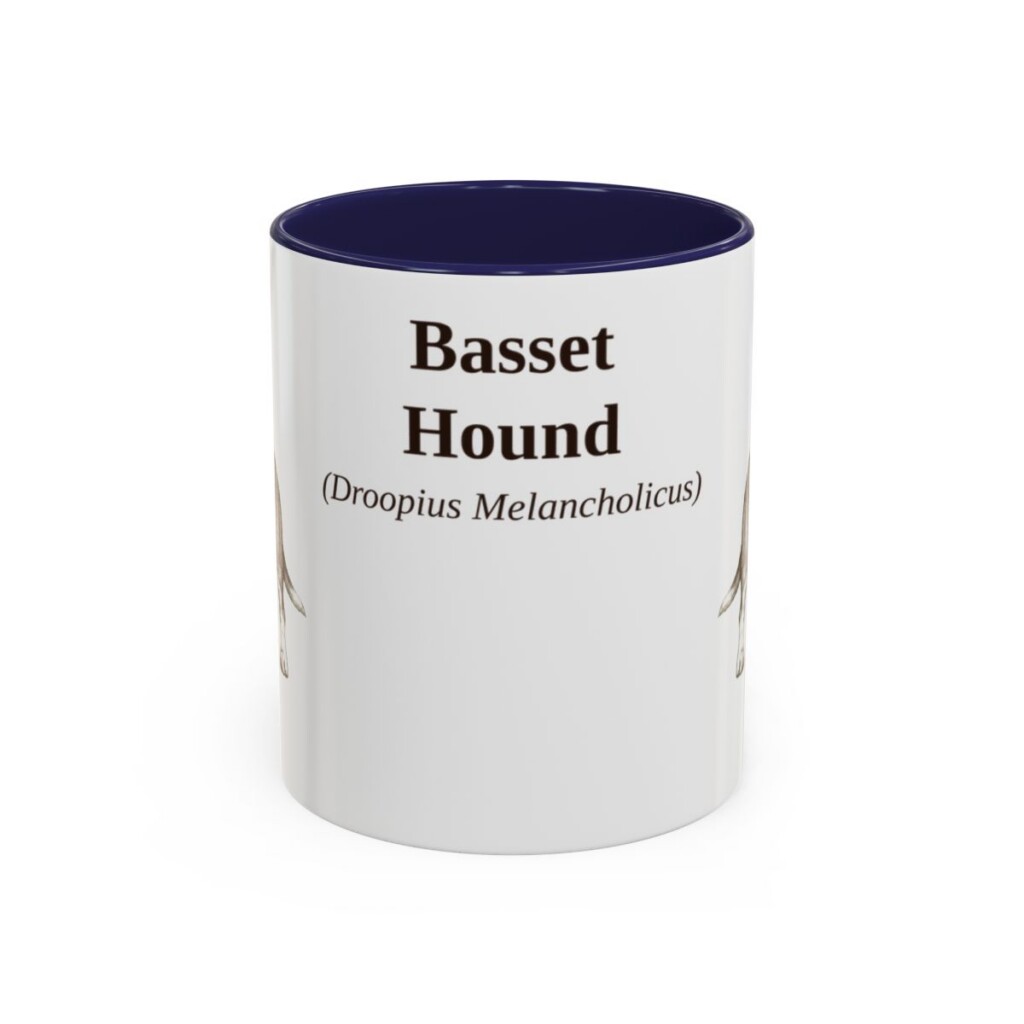 11oz Basset Hound Latin Mug, Navy, front view