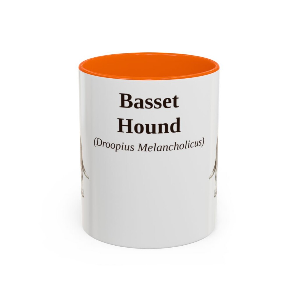 11oz Basset Hound Latin Mug, Orange, front view