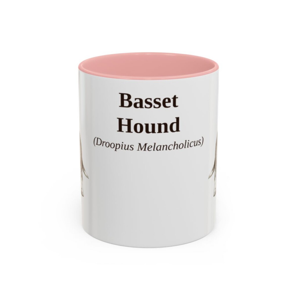 11oz Basset Hound Latin Mug, Pink, front view