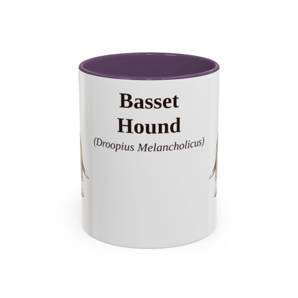 11oz Basset Hound Latin Mug, Purple, front view