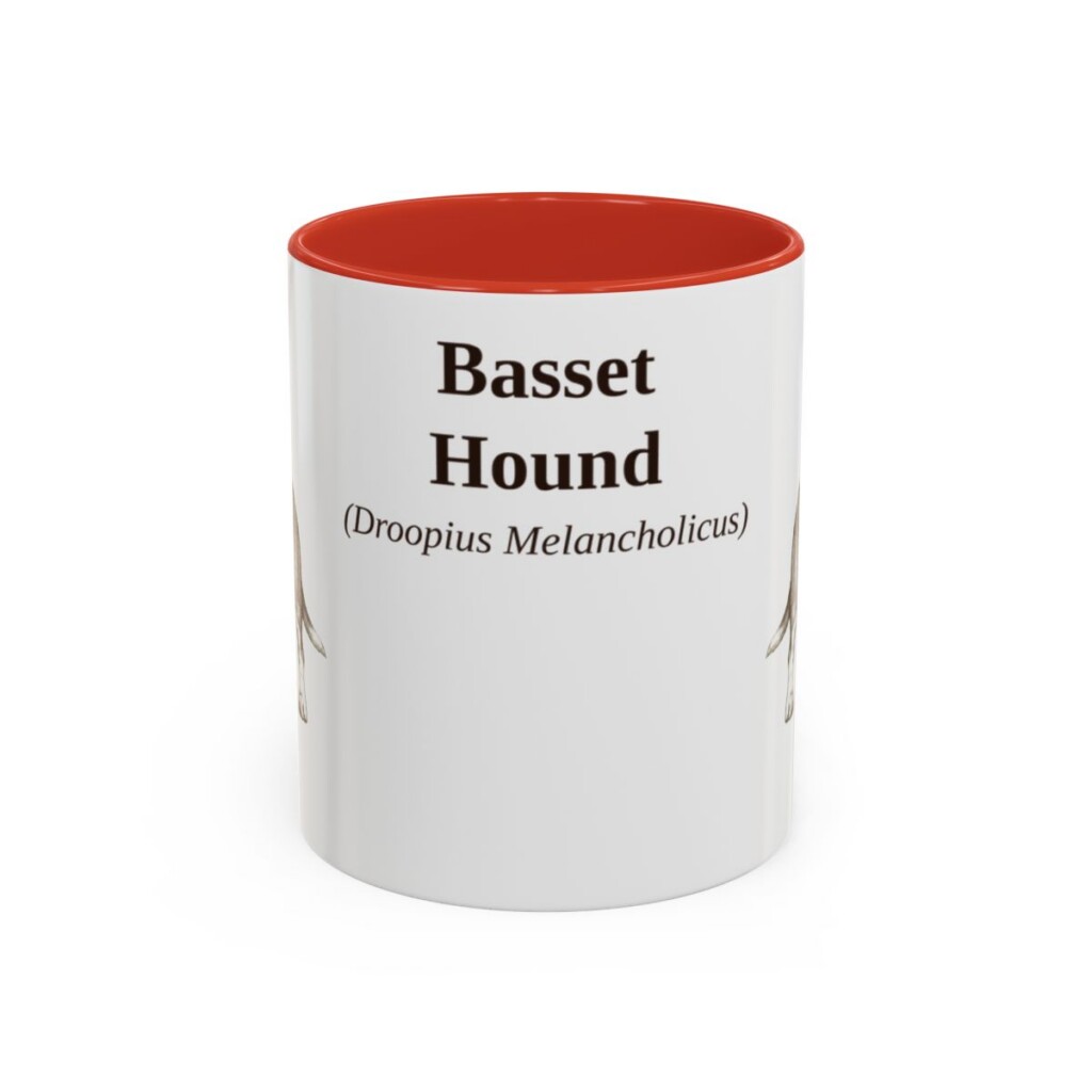 11oz Basset Hound Latin Mug, Red, front view