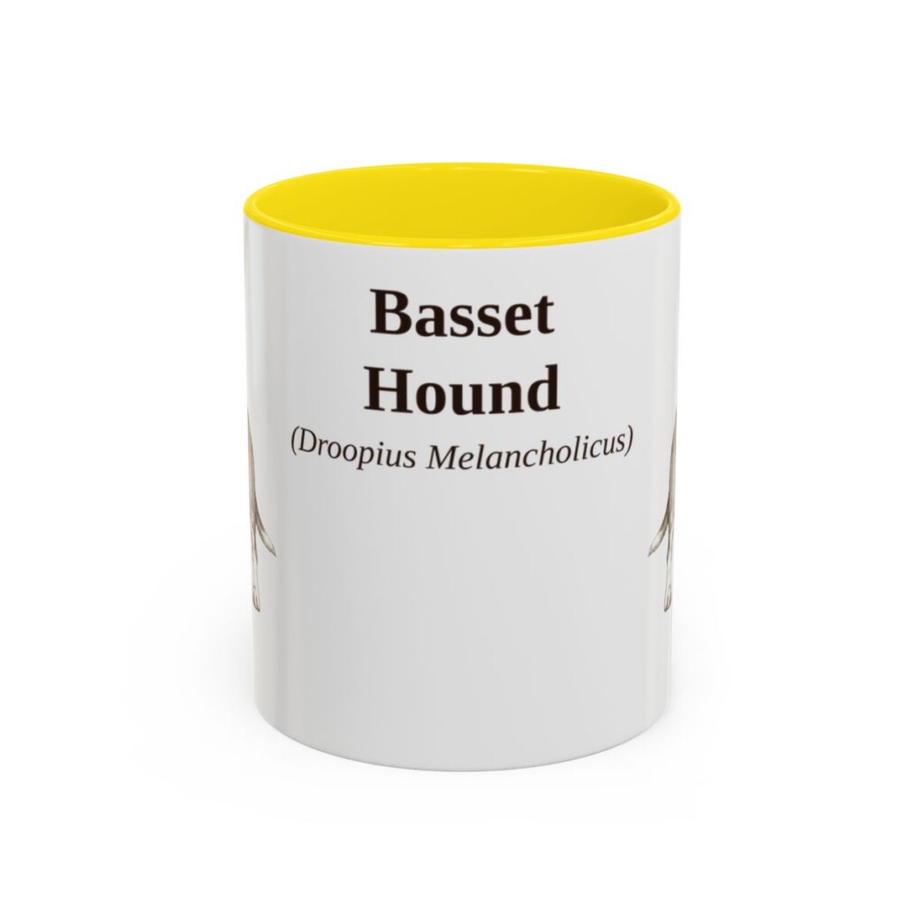 11oz Basset Hound Latin Mug, Yellow, front view