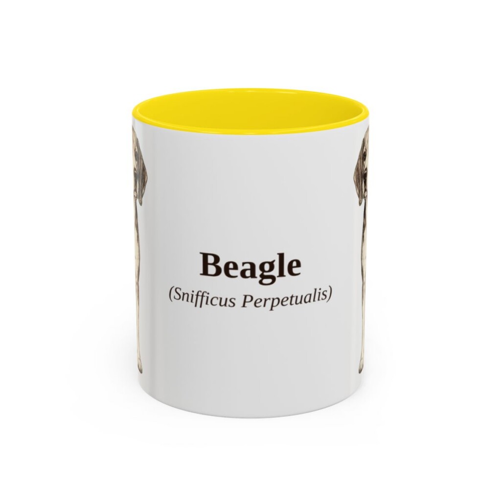 11oz Beagle Latin Mug, Yellow, front view