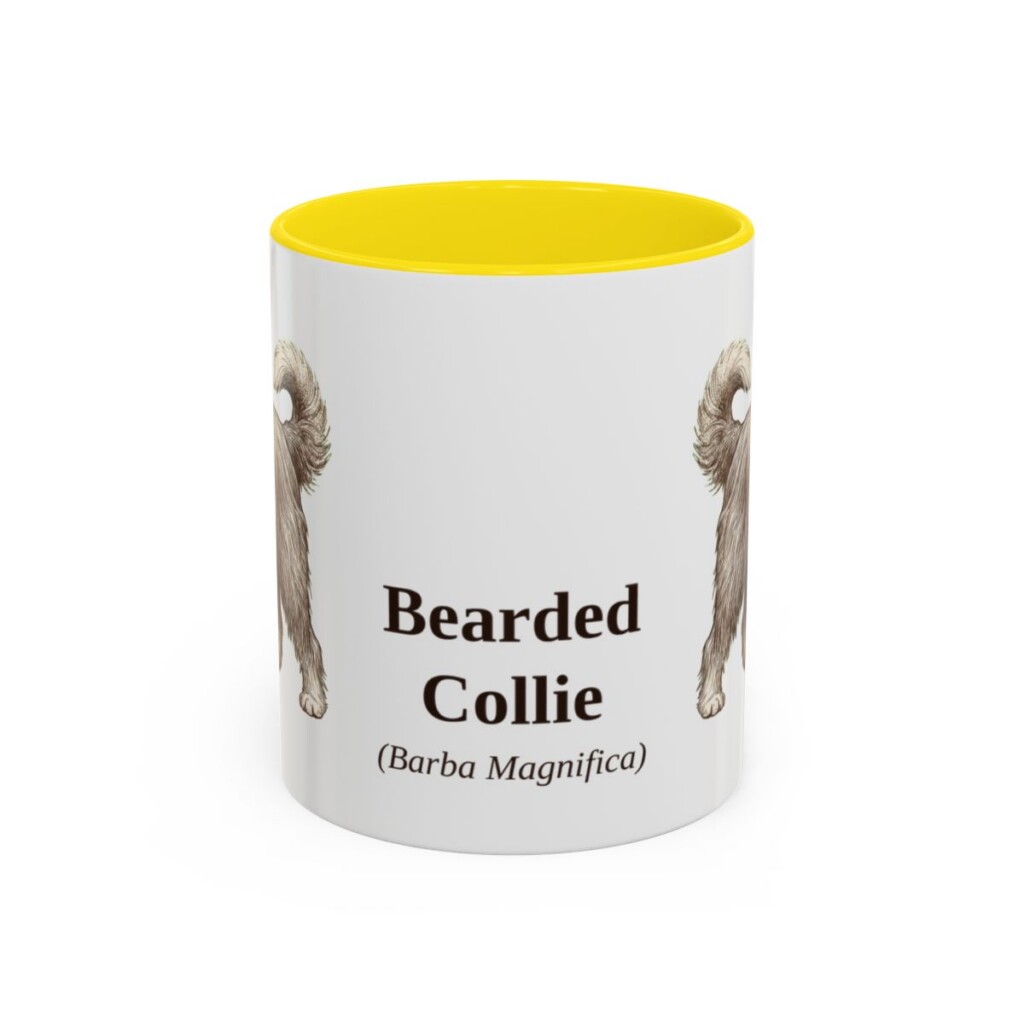 11oz Bearded Collie Latin Mug, Yellow, front view