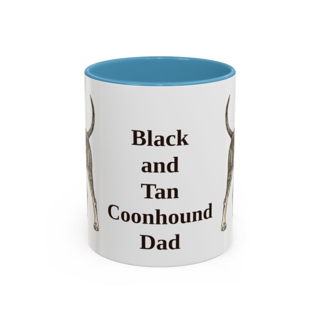 11oz Black and Tan Coonhound Dog Dad Mug, Light Blue, front view