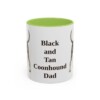11oz Black and Tan Coonhound Dog Dad Mug, Light Green, front view