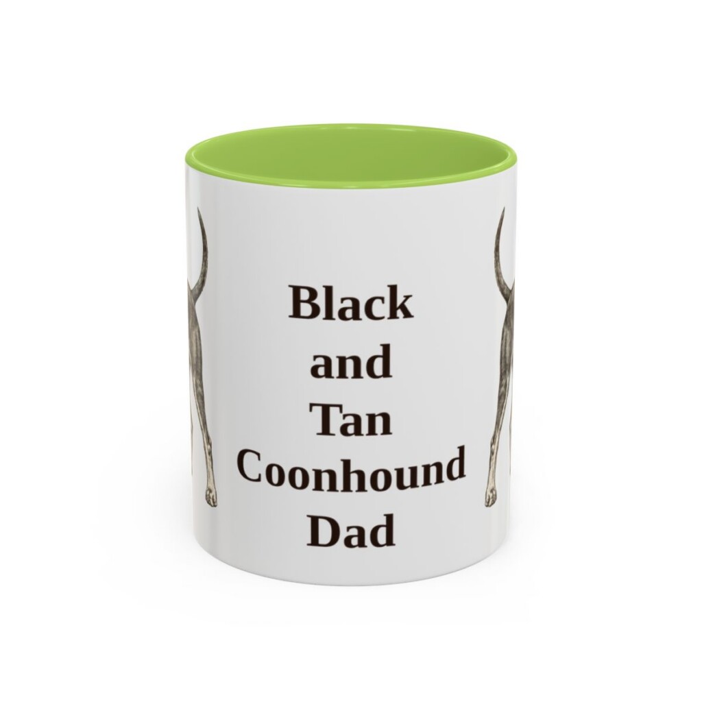 11oz Black and Tan Coonhound Dog Dad Mug, Light Green, front view