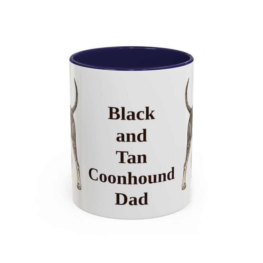 11oz Black and Tan Coonhound Dog Dad Mug, Navy, front view