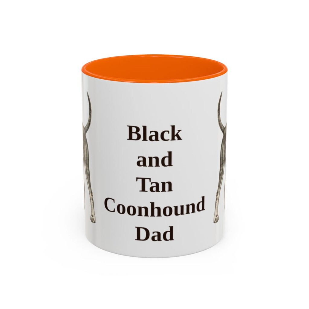 11oz Black and Tan Coonhound Dog Dad Mug, Orange, front view