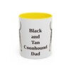 11oz Black and Tan Coonhound Dog Dad Mug, Yellow, front view