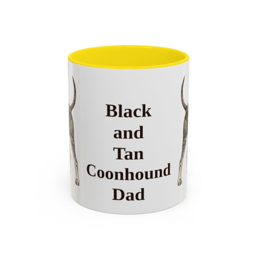 11oz Black and Tan Coonhound Dog Dad Mug, Yellow, front view