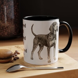 11oz Funny Black and Tan Coonhound Mug, Black, lifestyle photo