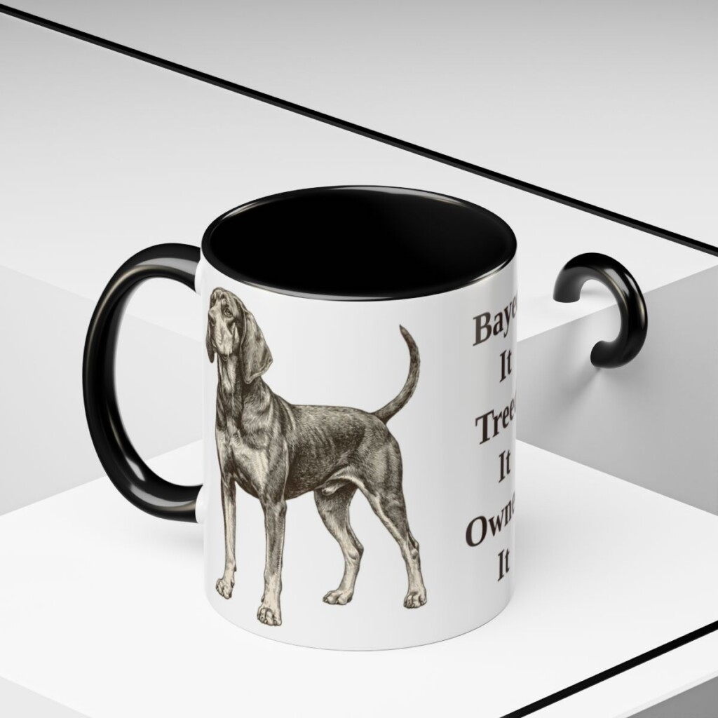 11oz Funny Black and Tan Coonhound Mug, Black, lifestyle photo