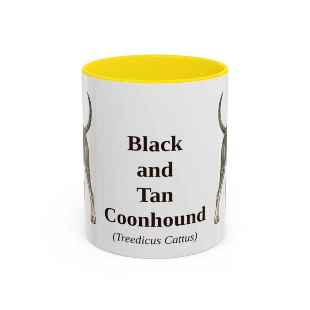 11oz-black-and-tan-coonhound-mug-latin-yellow 11oz Black and Tan Coonhound Latin Mug, Yellow, front view