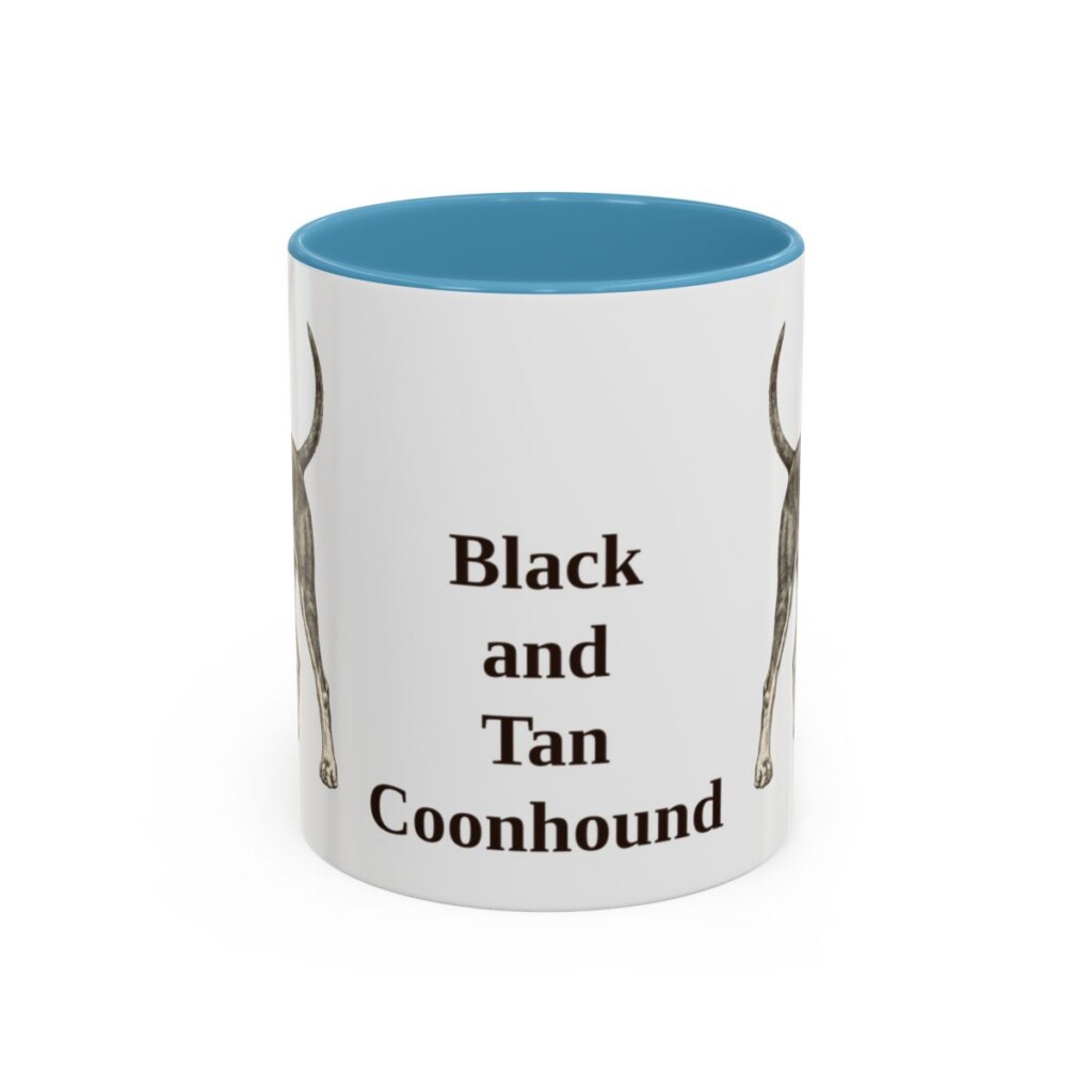11oz Black and Tan Coonhound Mug, Light Blue, front view