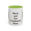 11oz-black-and-tan-coonhound-mug-mom-light-green 11oz Black and Tan Coonhound Dog Mom Mug, Light Green, front view