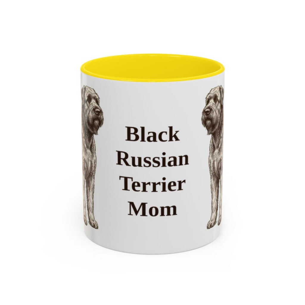 11oz Black Russian Terrier Dog Mom Mug, Yellow, front view