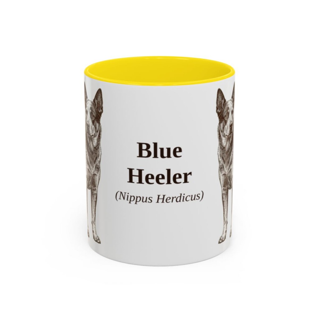 11oz Blue Heeler Latin Mug, Yellow, front view