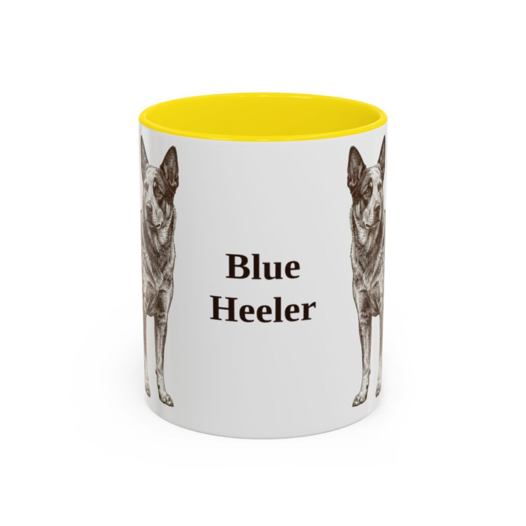 11oz Blue Heeler Mug, yellow handle