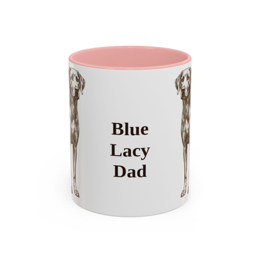 11oz Blue Lacy Dog Dad Mug, Pink, front view