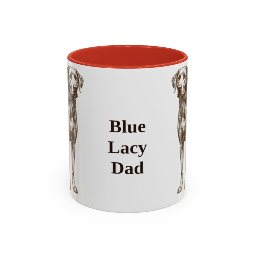 11oz Blue Lacy Dog Dad Mug, Red, front view