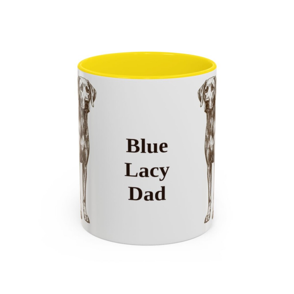 11oz Blue Lacy Dog Dad Mug, Yellow, front view