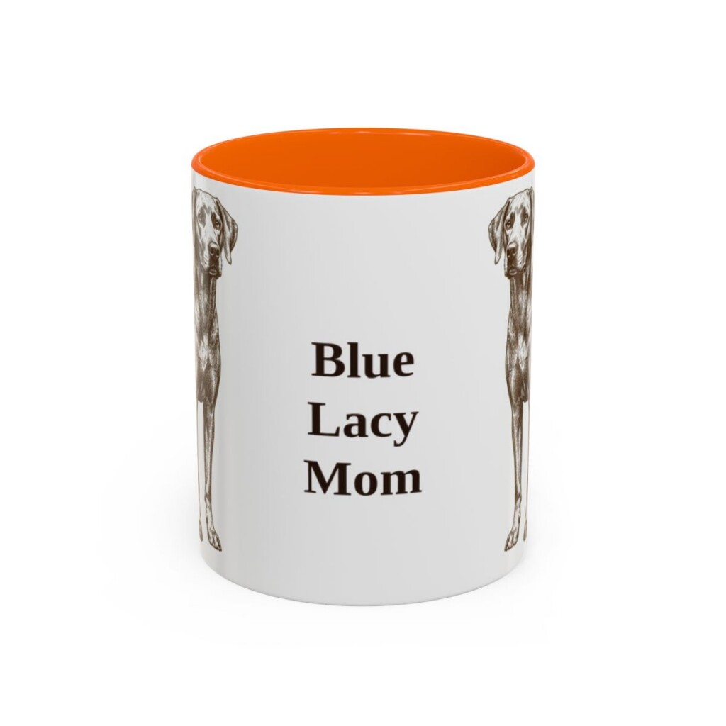 11oz Blue Lacy Dog Mom Mug, Orange, front view
