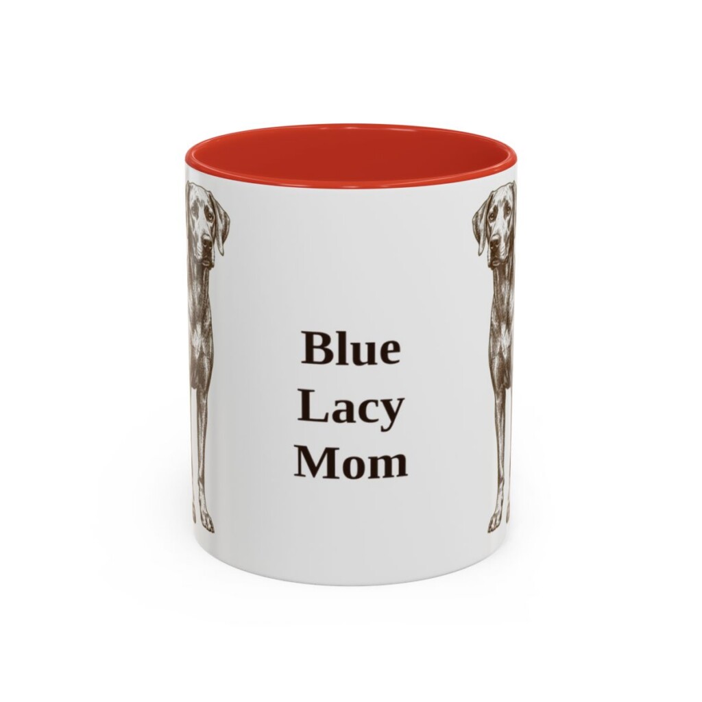 11oz Blue Lacy Dog Mom Mug, Red, front view