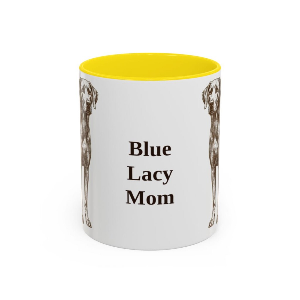 11oz Blue Lacy Dog Mom Mug, Yellow, front view