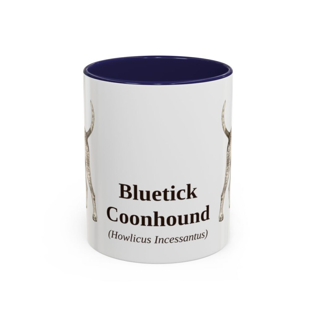 11oz Bluetick Coonhound Latin Mug, Navy, front view