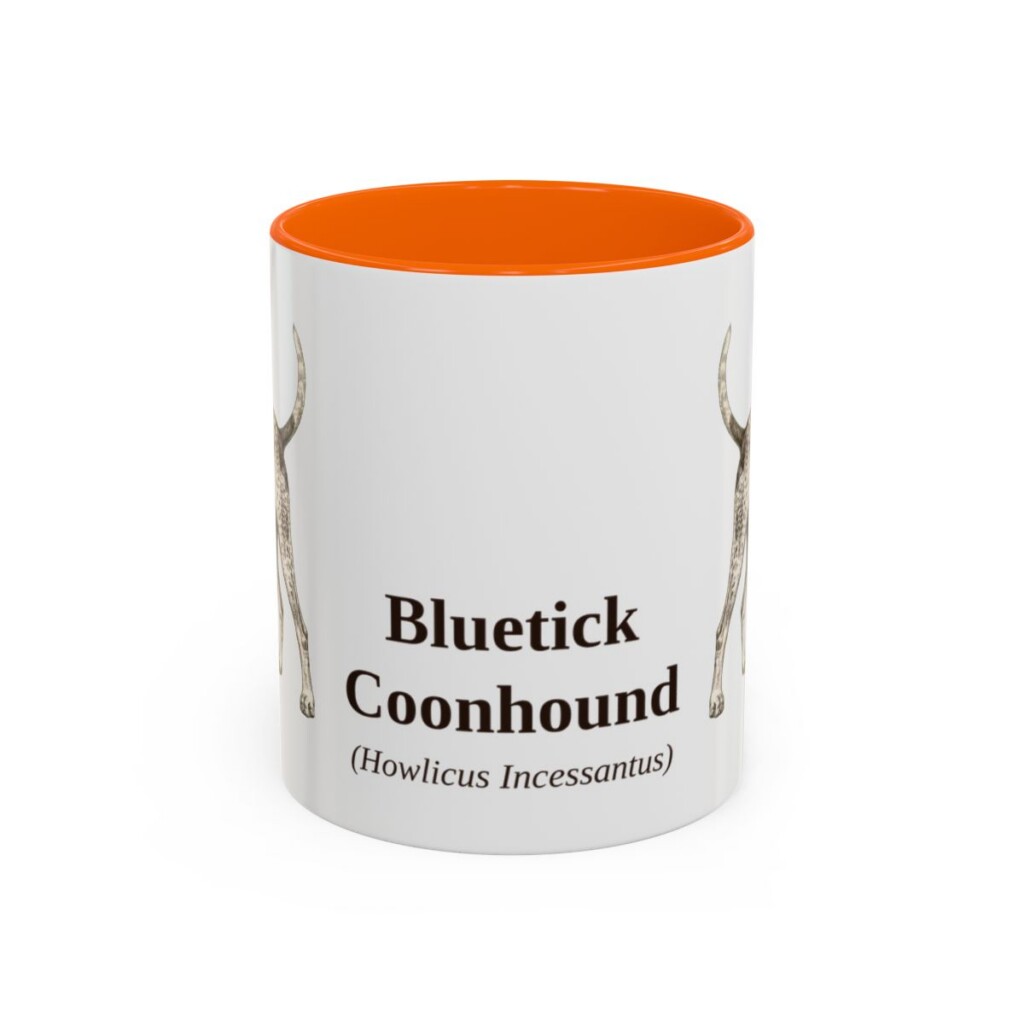 11oz Bluetick Coonhound Latin Mug, Orange, front view