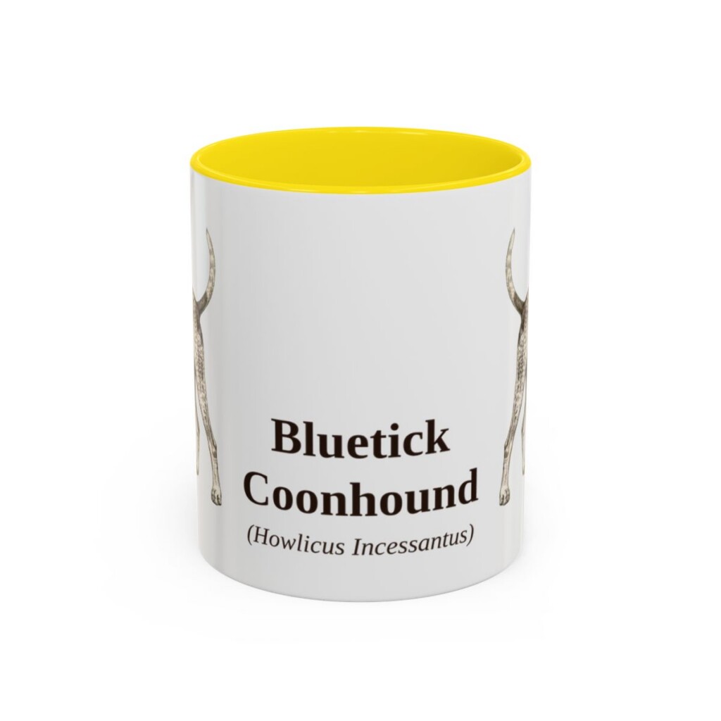 11oz Bluetick Coonhound Latin Mug, Yellow, front view