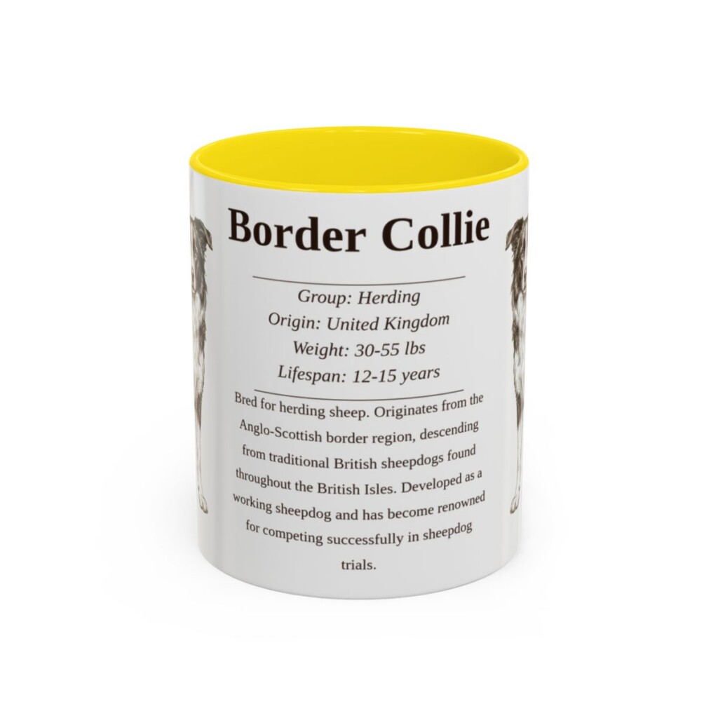 11oz Border Collie Mug, Yellow, front view