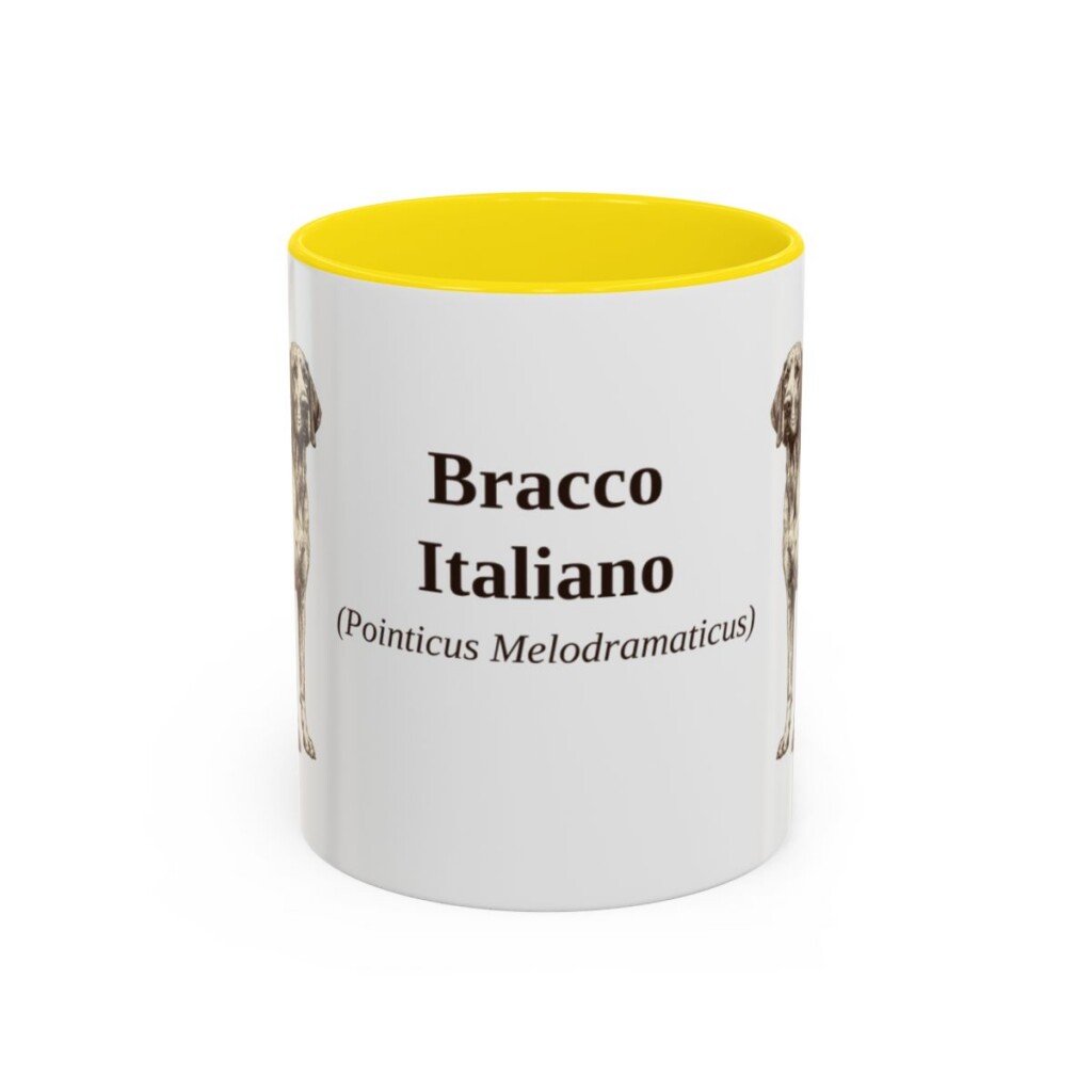 11oz Bracco Italiano Latin Mug, Yellow, front view