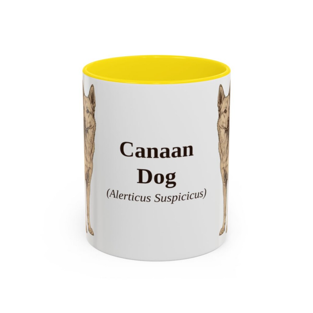 11oz Canaan Dog Latin Mug, Yellow, front view