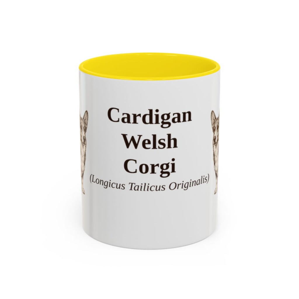 11oz Cardigan Welsh Corgi Latin Mug, Yellow, front view