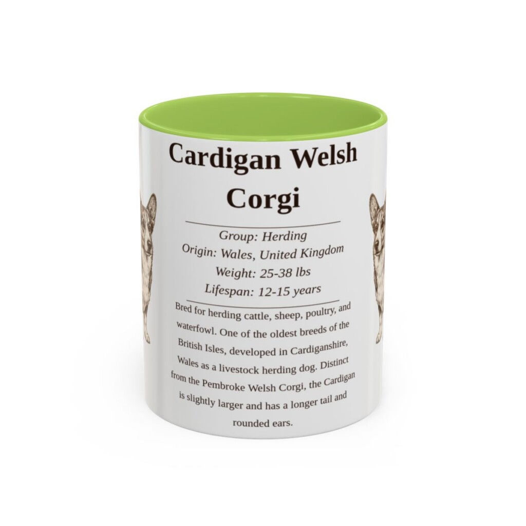 11oz Cardigan Welsh Corgi Mug, Light Green, front view