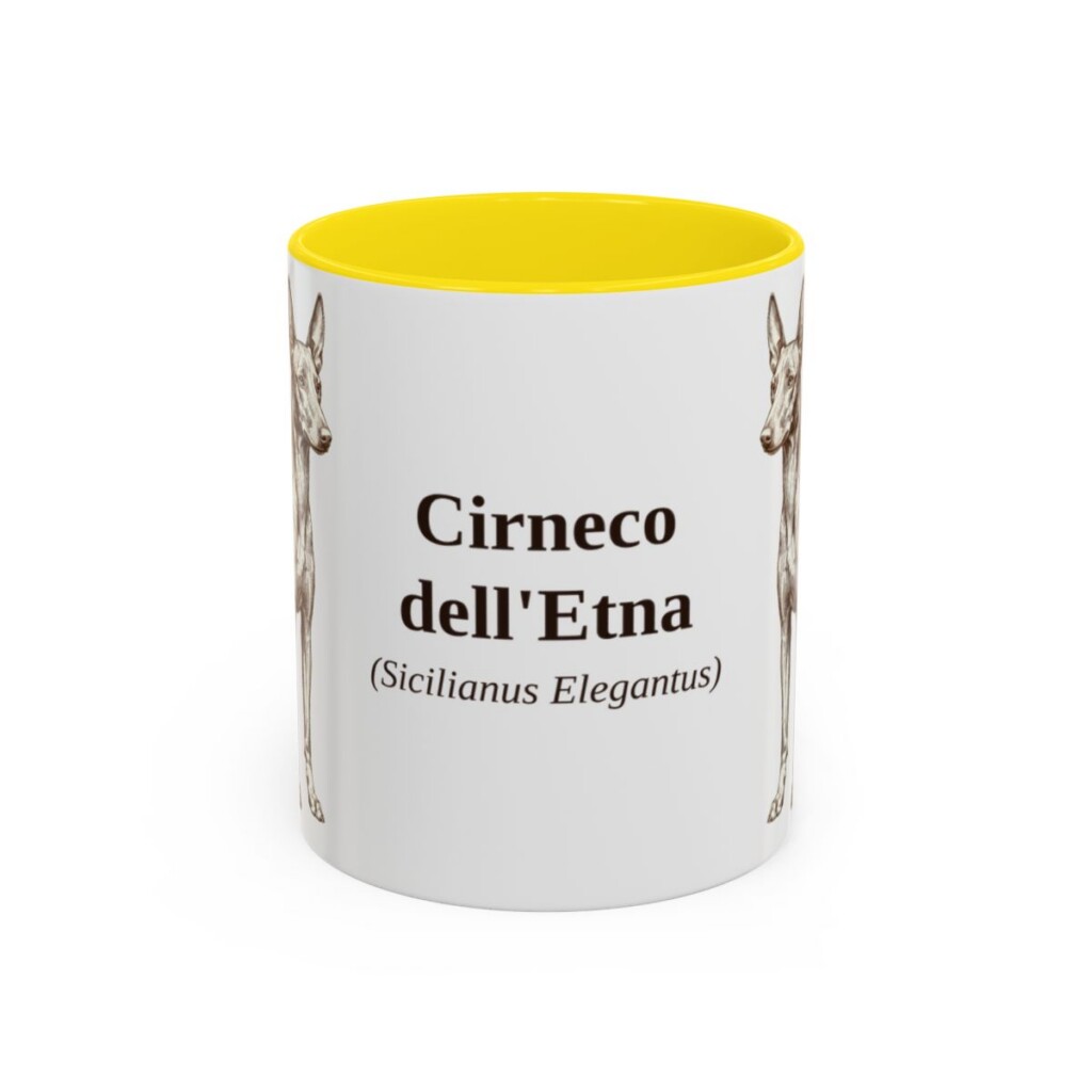 11oz Cirneco dell'Etna Latin Mug, Yellow, front view