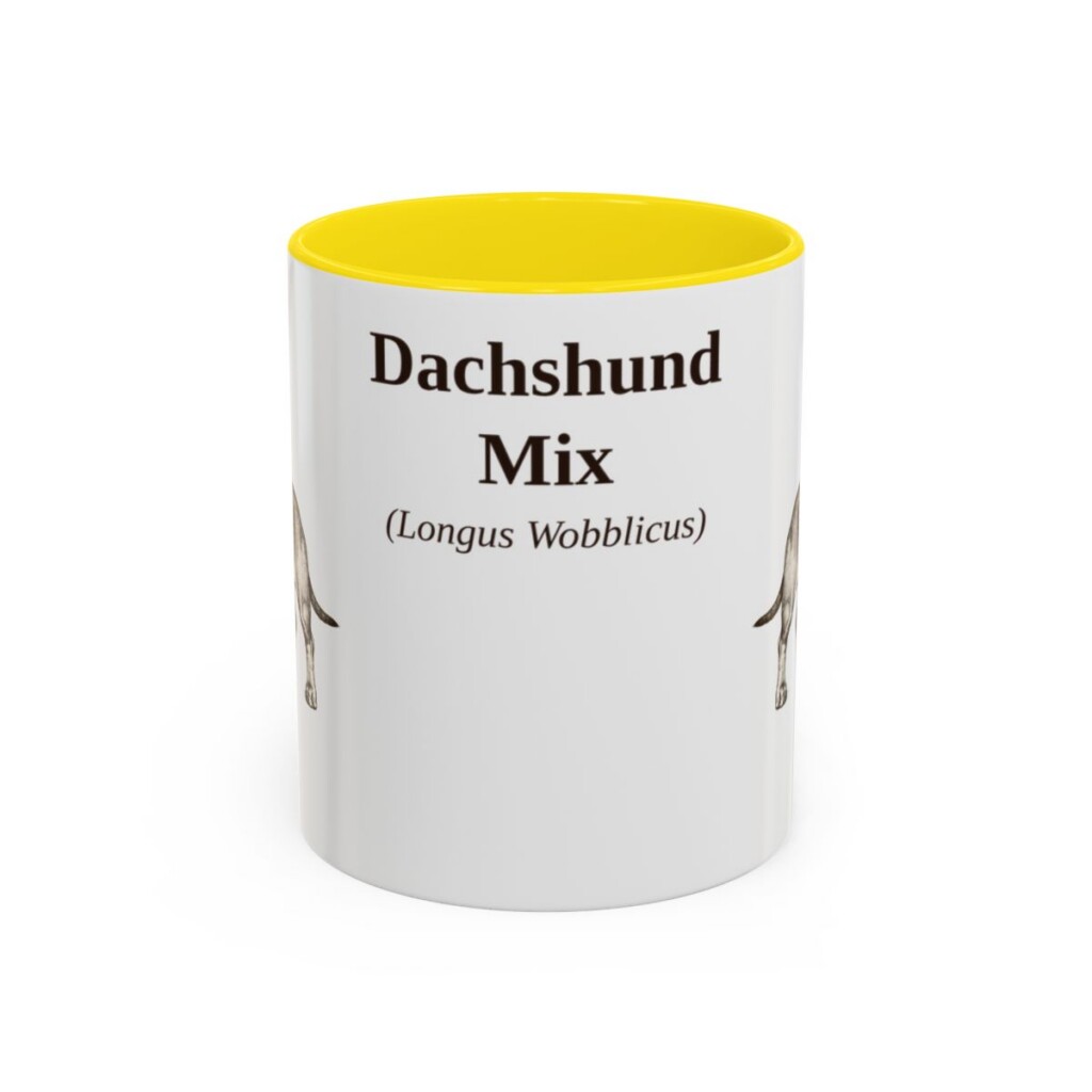 11oz-dachshund-mix-mug-latin-yellow 11oz Dachshund Mix Latin Mug, Yellow, front view