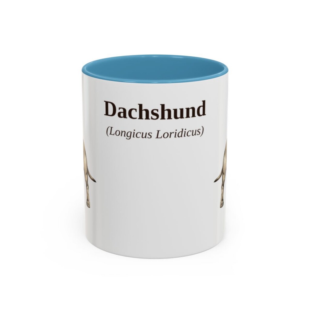 11oz Dachshund Latin Mug, Light Blue, front view