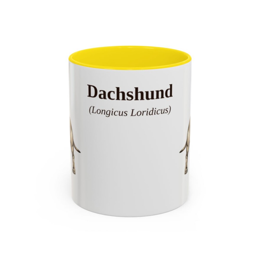 11oz Dachshund Latin Mug, Yellow, front view