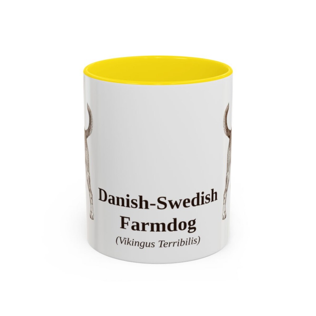 11oz-danish-swedish-farmdog-mug-latin-yellow 11oz Danish-Swedish Farmdog Latin Mug, Yellow, front view