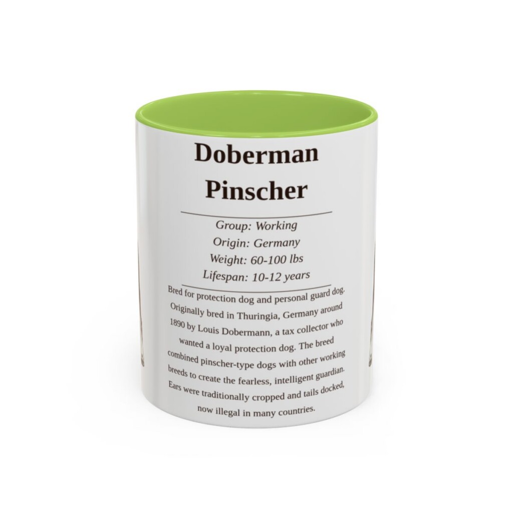 11oz-doberman-pinscher-mug-writeup-light-green 11oz Doberman Pinscher Mug, Light Green, front view