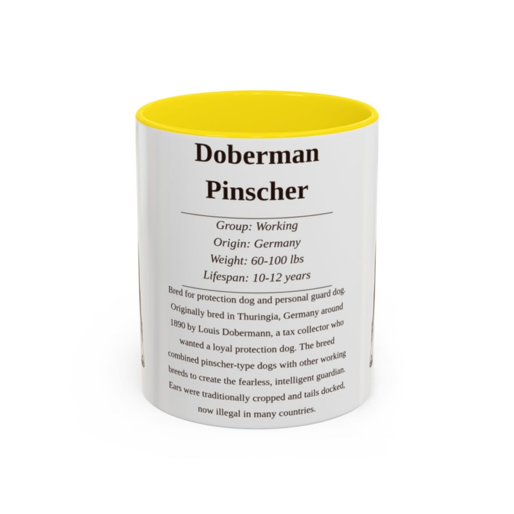 11oz-doberman-pinscher-mug-writeup-yellow 11oz Doberman Pinscher Mug, Yellow, front view